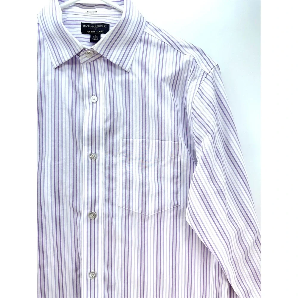 Banana Republic Mens Slim Non Iron Cotton Striped Dress Shirt Sz M Preppy Office
